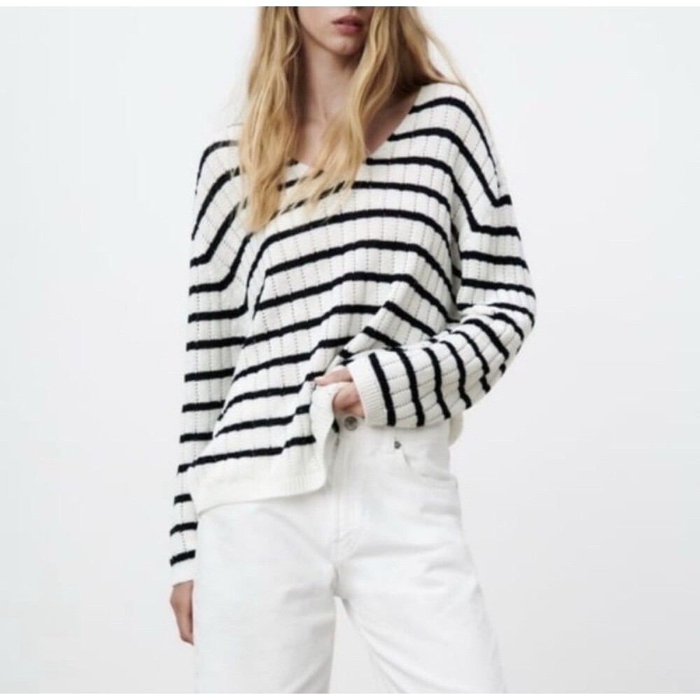 Zara Linen Blend Black and White Striped Cable Knit Sweater Women's Size M